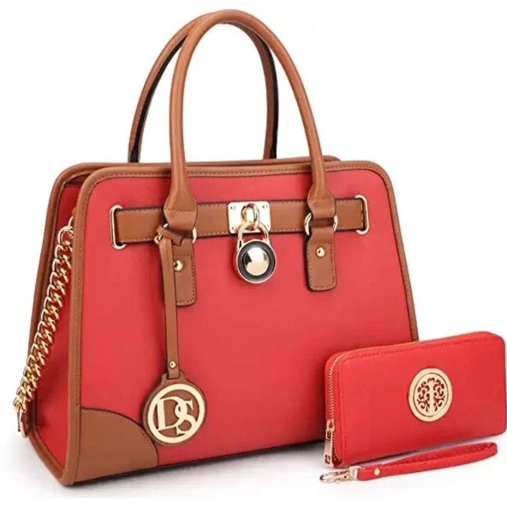 DS COLLECTION BY DASEIN WOMEN'S MULTI POCKETS SATCHEL HANDBAG W/ WALLET,RED,NEW